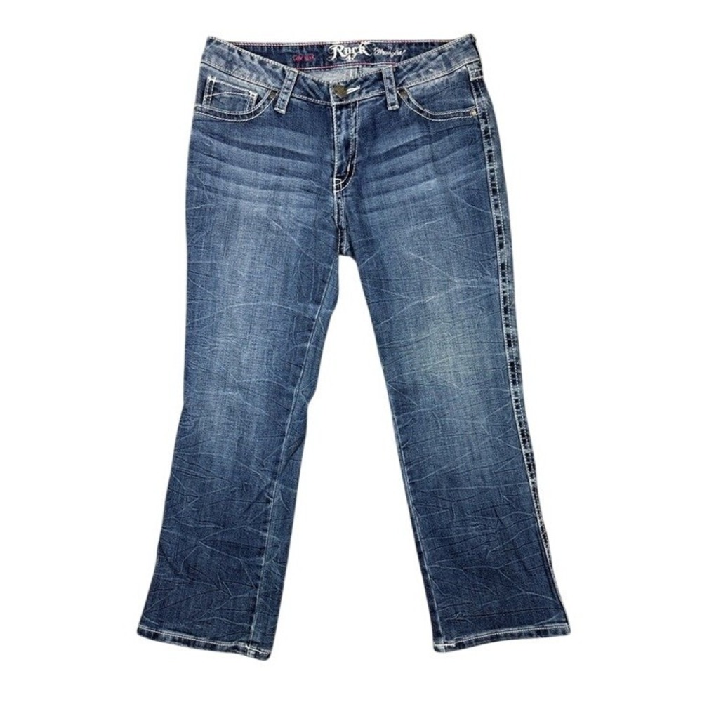 Rock 47 by Wrangler Womens Low Rise Bootcut Jeans Blue Embroidered 29x26 WJX36ST